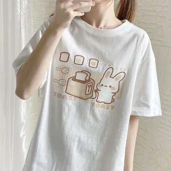 Bavlna Krátky Rukáv T Shirt pre Ženy Roztomilý Zajačik a Chlieb Plátky Grafické Tees Kawaii Letné Topy Voľné Streetwear Žena