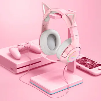 Dievča RGB Gaming Headset 7.1 Stereo Slúchadlá Ružová Headset Vymeniteľné Mačka Ucho Káblové USB S Mikrofónom na znižovanie hluku Pre PS4/Xbox jeden