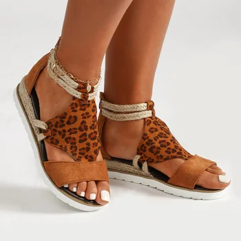 Dámske Sandále Ríme Kolo Prst Klinu Náklonu Dámy Sandále Leopard Tlač Väzba Žena Topánky Hrubé Dno Ženská Obuv Plus Veľkosť