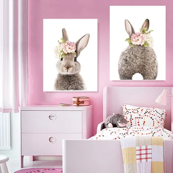 Králik Bunny Chvost Škôlky Wall Art Obraz Kvet, Zviera Plátne, Plagát, Tlač Dieťa Maľovanie Nordic Deti, Baby, Dievčatá, Izba Dekor