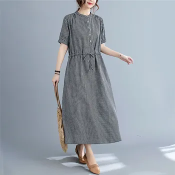 Krátky rukáv bavlna vintage prúžok šaty pre ženy príležitostné voľné dlho žena letné šaty elegantné oblečenie 2021