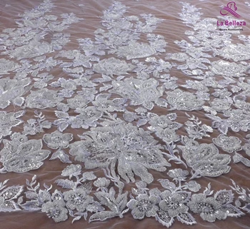 La Belleza nových ťažkých korálkové svadobné šaty textílie, čipky čisto biele korálky, flitre čipky textílie veľké kvety vzor čipky 1 yard