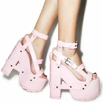 Letné Ružové Sandále nočný klub Topánky Ženy 16 cm Vysokým Podpätkom zapatos mujer pravej Kože Platformu Sexy Gladiator Footwears P54S