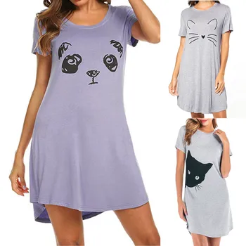 Letné Šaty Žena Sleepwear Nightgowns O-Krku Krátky Rukáv Nocné Košele Vytlačené Cute Cat Spánku Košele Voľné Plus Veľkosť Šaty