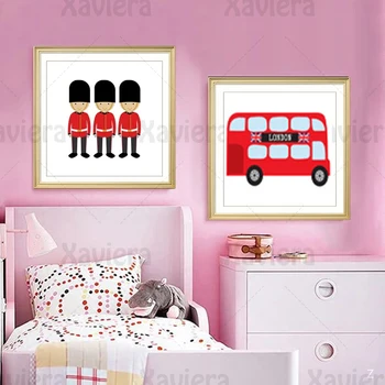 London Bus Vojak Auto Škôlky Dekor Plátno na Maľovanie na Stenu Cartoon Art Plagáty a Vytlačí Detská Spálňa, Obývacia Izba Dekor nástenná maľba