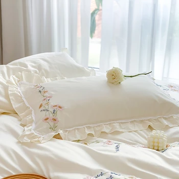 Luxusná Biela Kvetinová Výšivka 100S posteľná bielizeň z Egyptskej Bavlny Nastaviť Kráľovná Kráľ Prehrabať Perinu Posteľná Bielizeň, obliečky na Vankúše bytový Textil