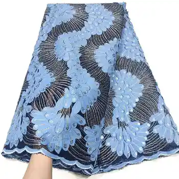 Luxusné Afriky Flitrami Čipky Tkaniny 2021 Modrá Najnovšie Nigérijský Čipky Textílie 5 Metrov 3d Tylu Čistý Čipky Materiál Pre Strany Dreeses