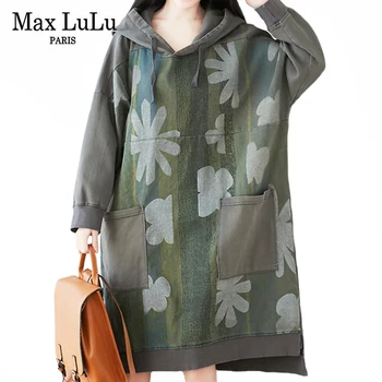 Max LuLu Jeseň Nový Britský Štýl Ženy Kvetinový Bežné Šaty Dámy Kapucí Tlačené Šaty Dievčatá Dlhý Rukáv Oblečenie Veľká Veľkosť