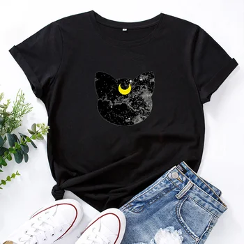Mesiac Mačka Tričko Vtipné Tričko Ženy O-krku Krátke Rukáv Tričko Ženy Black Bežné Tee Tričko Femme Tshirts Bavlna Ženy
