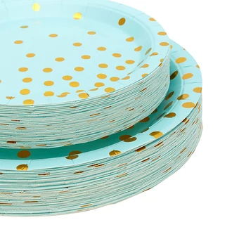 Modrá Samoopaľovacie zlatá bodka Svadobné party riad nastaviť papier pohár doska pre Jednorázový riad narodeninovej party dodávky dekorácie