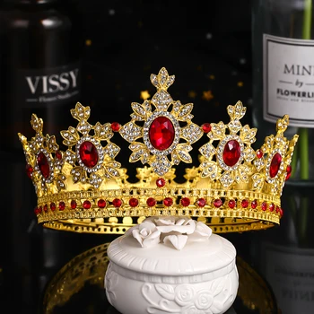 Nový design Veľké Guľaté Tiaras A Koruny, Zlato Red Crystal Diadem Pre Kráľovná, Princezná, Kráľ Svadobné Svadobné Doplnky do Vlasov Headpiece