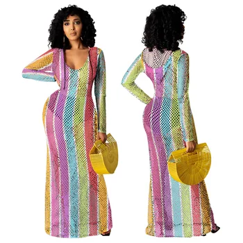 Sexy, Priehľadnej Sieťoviny Šaty Žien Letné Plážové Šaty Priehľadné Oblečenie Rainbow Prekladané Priesvitných Šatách