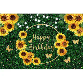 Slnečnice Tematické Happy Birthday Pozadí Zelenej Džungle Trávy Narodeninovú Tortu Tabuľka Pozadí Dekorácie Zlatý Prsteň Motýľ