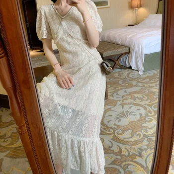 Vintage Flitrami Šaty Žien Elegantnej Čipky Šifón Kórejskej Strany Šaty Lístkového Rukáv V Krku Midi Šaty, Letné Šaty Pre Ženy 2021