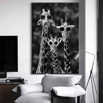 Vtipné Žirafa Rodiny s Okuliare Plátno na Maľovanie Čiernej a Bielej Zvieratá Plagáty a Tlačí na Steny Umenie Fotografie pre Home Decor