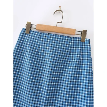 YENKYE Vintage Modré Kockované Sukni, Ženy Strane Zips Vysoký Pás A-line Mini Sukne Dámske Office Faldas Mujer