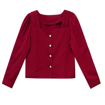 Červené odrazové ženy, blúzky, jar, jeseň dlhým rukávom námestie golier ležérne košele ženy top ročník sladké pearl tlačidlo skladaný tričko