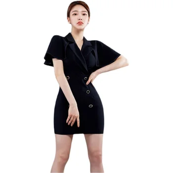 Čierne Mini tesné Šaty jeden kus kórejský dámy Letné Sexy prehrabať krátky Rukáv s drážkou kancelárie strany bodycon Šaty pre ženy
