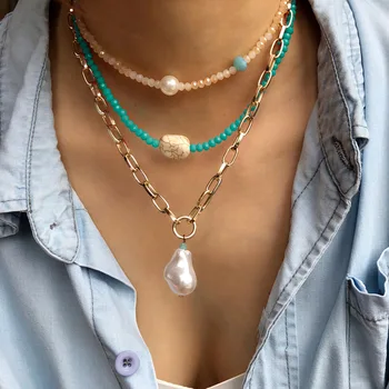 Ženy Viacvrstvových Choker Ručné Korálky Dlhé Náhrdelníky pre Ženy Biela Turquoises Pearl Prívesok Reťazca Náhrdelník Bohemia Šperky