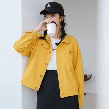 Žltá Streetwear Žien Denim Kabát S Vrecku 2021 Jar Voľné Dlhý Rukáv Bežné Bundy Džínsy Retro Outwear