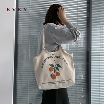 2020 Ženy Plátno Veľkú Kapacitu Ovocie Tlač Tote Bag Shopper Ramenný Kórejský Harajuku Bavlnenej Látky Eco Skladacia Nákupná Taška