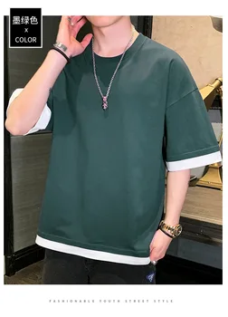 2021 NOVÉ letné Japonské falošné dvojdielne krátke sleeve T-shirt muž veľké veľkosti voľné trend odlivu úplne bežné pol-rukáv top