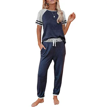 2021 nový domov služba pyžamo ženy všetkých-zápas farbou šitie módne okrúhlym výstrihom, krátky rukáv bežné oblek