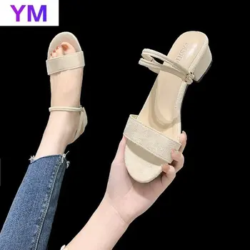 2021 Ženy Sandále Robustný Podpätky Značky Listov Lete Stádo Flip Flops Úzke Pásmo Sandál Elegantné Mule Topánky Ženy Papuče Veľké 42