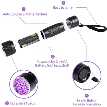 21 UV LED Svietidlo Ručné Baterky 395-400 nm Ultra Violet Čierne Svetlo na AAA Batérie Psov, Pet Škvrny, Posteľ Chyby, Scorpions