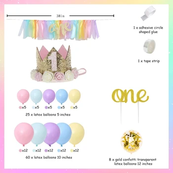 Dievča, 1. Rok Stará Narodeniny Macarons Balón Reťazca Vysoká Stolička Tutu Sukne Jeden Banner Rainbow Party Dekorácie