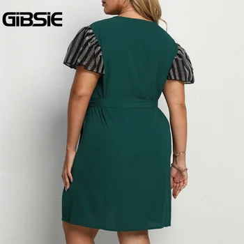 GIBSIE Plus Veľkosť V Krku Krátky Rukáv A-line-Belted Šaty Žien Lete Vysoký Pás Úrad Bežné Dámske Mini Šaty 4xl xxxl