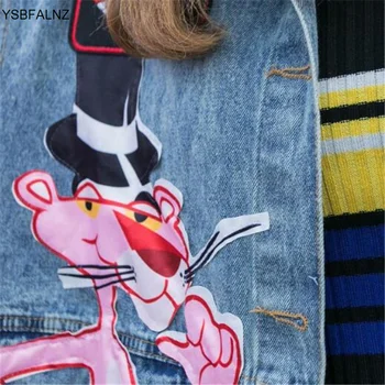 Jar, jeseň fashion flitrami cartoon leopard džínsové bundy voľné Lady streetwear coats