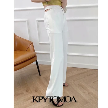 KPYTOMOA Ženy 2021 Elegantný Módy Bočné Vrecká Duté Von Biele Nohavice Vintage Vysoký Pás Zips Lietať Ženské Nohavice Mujer