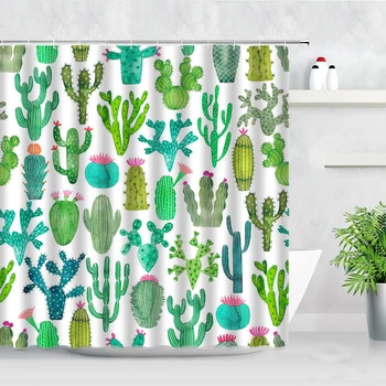 Kreslené Ručne Maľované Kaktus Vzor Sprchové Závesy Tropická Zelená Rastlina Deti Kúpeľňa Decor Obrazovky Deti Vaňa Opona Stanovuje