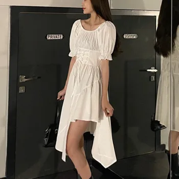 Kórejský Bežné Lístkového Rukáv Tričko Šaty Žien Námestie Krku Nepravidelný Víla Biela Dlhé Letné Šaty 2021 Žena Elegantné Party Vestido