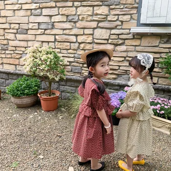 Letné Nový Príchod kórejský štýl holka je lotosový list, šitie šaty princezná krátky rukáv sladké šaty pre roztomilé dieťa dievčatá