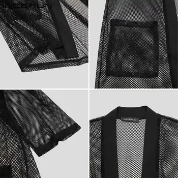 Muži Oka Tričko Otvoriť Steh Vidieť Cez Streetwear 3/4 Rukáv Priedušná Sexy Cardigan 2021 Voľné Bežné Camisas INCERUN S-5XL