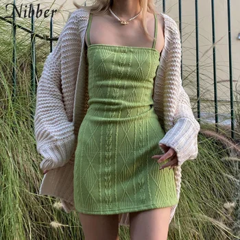 Nibber Lete Základné Vlákno farbou Šatka Šaty Žien Streetwear bežné Sexy Oblečenie Y2K Lady Mini Bodycon Šaty Žena