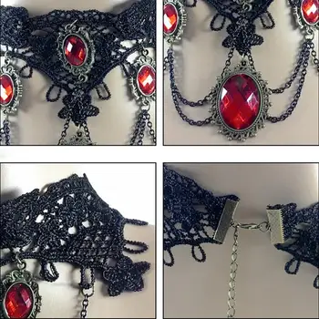 Ozdobený Čiernou Čipkou Golier red Crystal Reťazca Prívesok Náhrdelník Prom Šperky