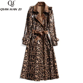 Qian Han Zi 2020 Žien Bežné Leopard zákopy srsti nadrozmerná Vintage Had lakovanej kože Umyté Outwear Pás slim Oblečenie