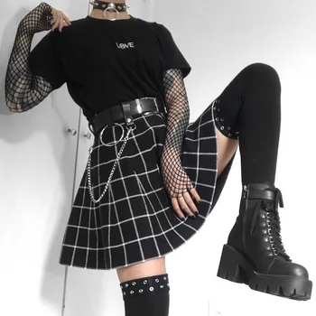 Shestyle 2021 Ženy Gotický Sukne Koberčeky Skladaný Preppy Štýl Čierne Čiary Punk Výbava Elegantné Goth Vintage Vysoký Pás Streetwear