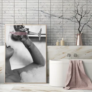 Sprcha Dekorácie na Stenu Umenie Žena Pričom perličkový Kúpeľ Pitie Vína Plátno, Maľovanie obrazov na Stenu Plagát na Kúpeľňa Decor