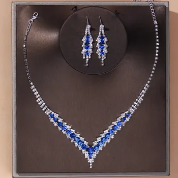 TREAZY Elegantné Modré Drahokamu Crystal Svadobné Svadobné Šperky Set pre Ženy, Strieborné Pozlátené Tvaru Choker Náhrdelníky Náušnice Nastaviť