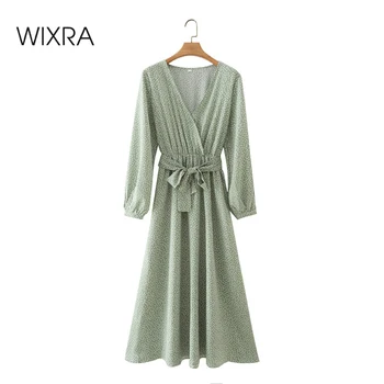 Wixra Srdca Tlače Celý Rukáv Zelené Šaty S Oknami Ženy Leto V Krku Dlho Maxi Šaty 2021 Riadok Vestidos
