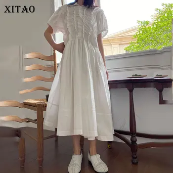 XITAO Patchwork Volánikmi Skladaný Čierne Biele Šaty Žien Oblečenie 2021 Letné Módy Slim Polo Golier, Krátky Rukáv Šaty LDD1019