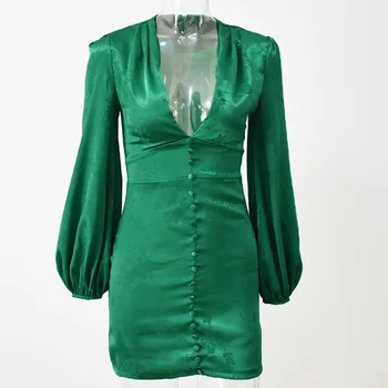 Zelená satin party šaty žien vintage kvetina tlače tlačidlo sexy šaty v krku svietidla rukáv šaty 2021
